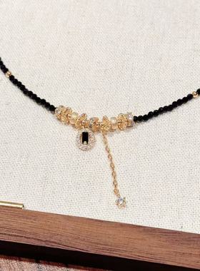 几何串珠链轻奢高级感日韩项链简约小众百搭小红书爆款方糖黑珠链