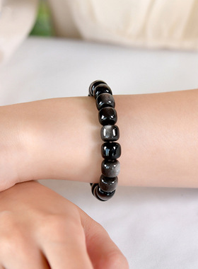 天然金曜石银曜石水晶手链女生转运珠男生念珠盘玩黑曜石素圈手饰