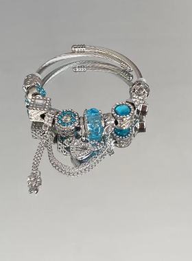 潘家新款复古银色爱心串珠手镯女百搭轻奢小熊DIY珠子欧美风手链