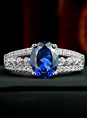 轻奢蓝宝石镶钻椭圆开口女士戒指