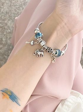 韩版简约爱心大象挂坠手镯女三生三世转桃花运蓝色琉璃珠diy手饰
