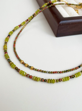 欧美ins小众复古森系彩色天然石叠戴项链女简约高级感串珠锁骨链