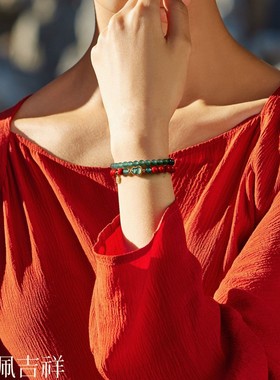 高含量正品朱砂手串女天然蓝水翡翠双圈叠戴手链本命年紫金砂手饰