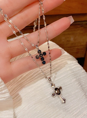 法式复古双层黑色十字架锁骨链