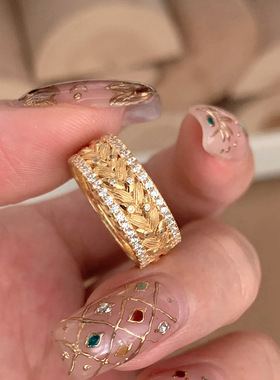 优雅中古金色麦穗戒指女铜轻奢小众独特食指戒指环时尚潮酷气老钱