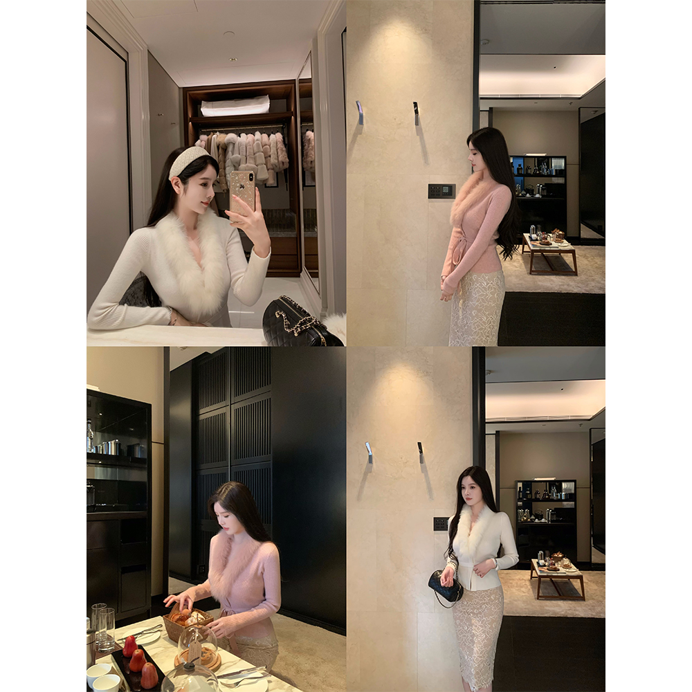 THE SWAN司凰轻奢 娇滴滴 羊绒羊毛狐狸毛针织开衫女绑带收腰上衣 - 图3