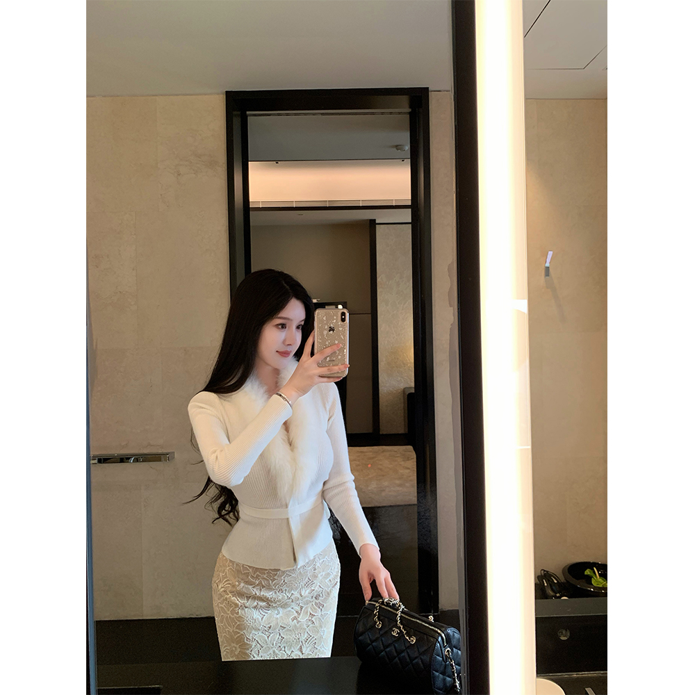 THE SWAN司凰轻奢 娇滴滴 羊绒羊毛狐狸毛针织开衫女绑带收腰上衣 - 图1