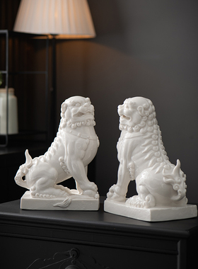 德化陶瓷白色招财风水狮子石狮子一对看门店铺开业家居摆件