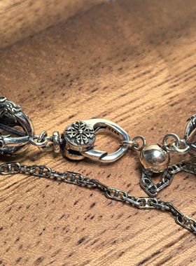 S925银复古做旧唐草纹双扣头皮绳项链女小众锁骨链可调节长度