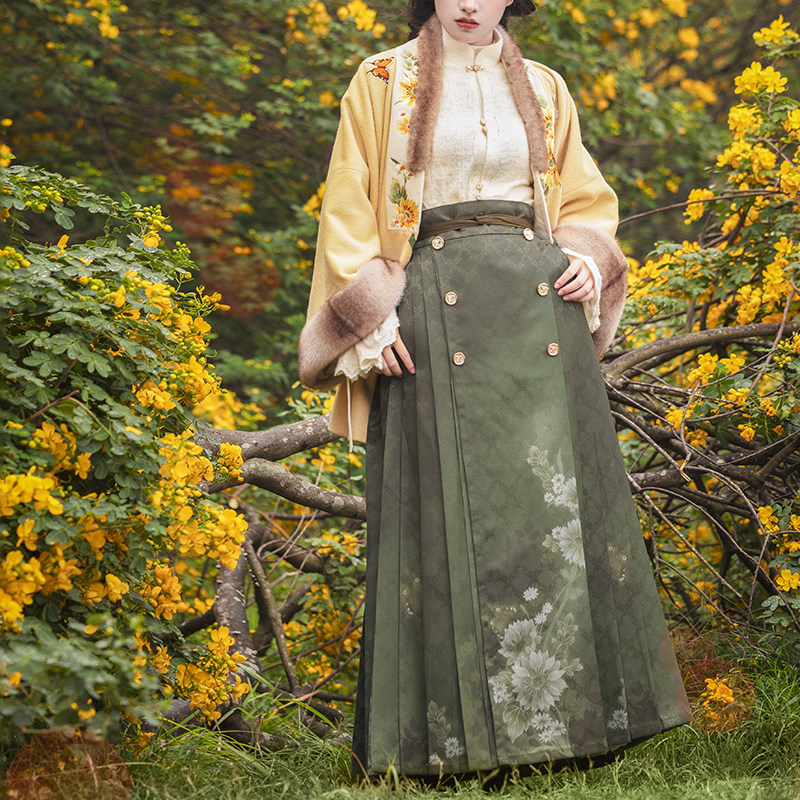 瞳莞原创一举夺葵直领对襟大袖短袄毛呢外套向日葵汉服马面裙套装,淘宝优惠券,粉丝福利购,淘宝优惠卷