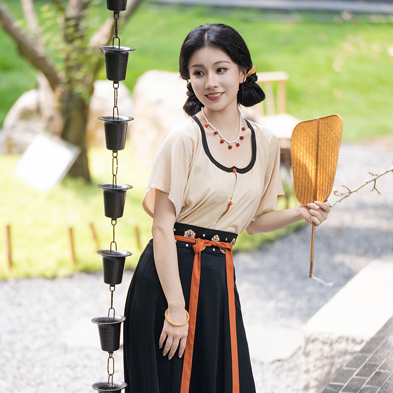 瞳莞汉服椒花颂夏季女鸡心领半袖短衫齐腰九片裙百搭显瘦亲肤新品,淘宝优惠券,粉丝福利购,淘宝优惠卷