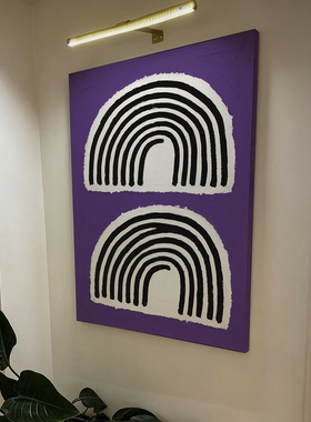 克莱因紫厚涂肌理双黑白半圆彩虹线条抽象装饰画极简侘寂墙面挂画