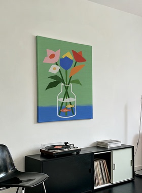 奶油风治愈系花朵小鱼装饰画原创扁平风挂画简约绿色墙画小众艺术