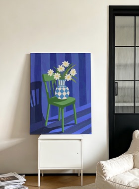 克莱因蓝调油画风绿椅雏菊静物装饰画蓝白撞色北欧风客厅玄关挂画