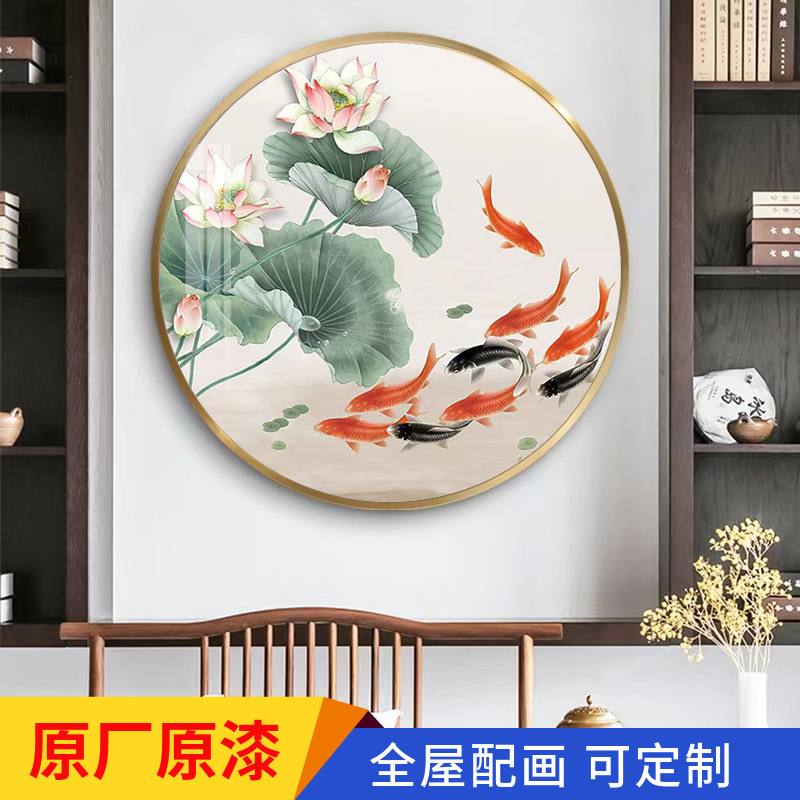 新中式荷花装饰画客厅禅意挂画书房办公室入户玄关茶室西墙画圆形 - 图3