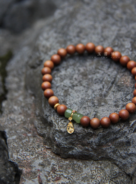 【四时无忧】天然印度老山檀手串和田玉设计款是6mm单圈（银）