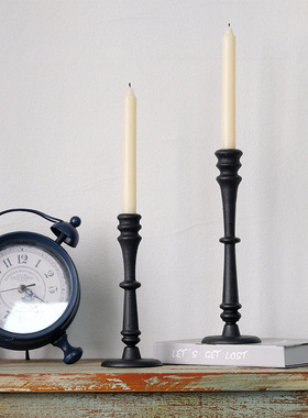 简约黑色铸铁蜡烛台 家居客厅餐厅装饰摆件 美式复古烛台两件套