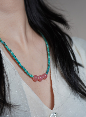 冰种红纹石锁骨链女款新中式天然石饰品复古风独特绿松石串珠项链