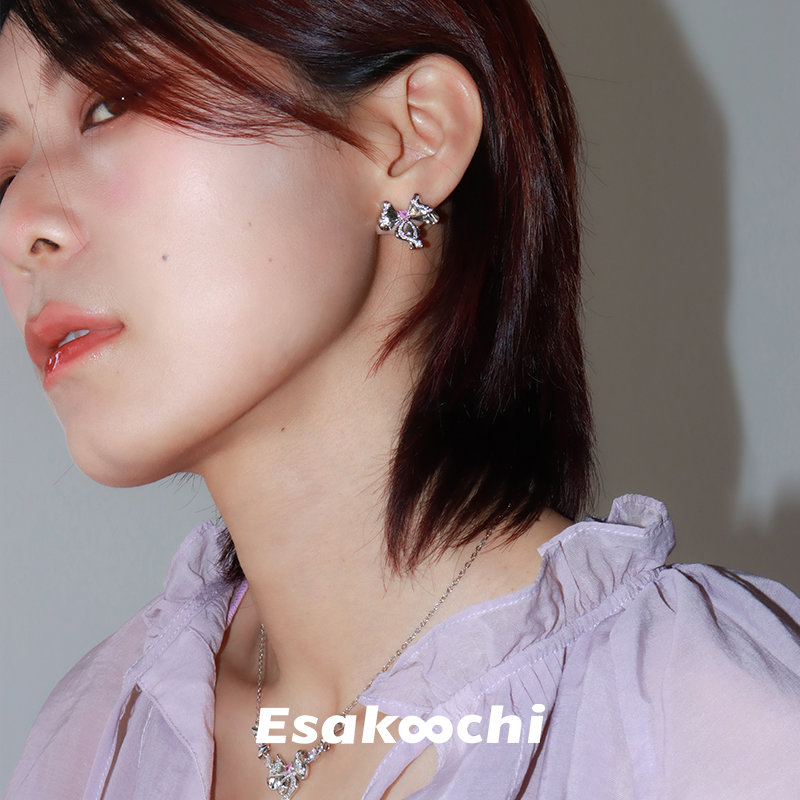 Esakoochi在逃公主~原创设计甜美蝴蝶结锆石耳钉小众少女粉钻耳饰 - 图2