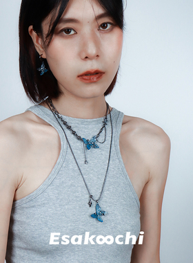 Esakoochi禁忌系列~蓝色蝴蝶项链黑色芒星个性暗黑甜酷锁骨链
