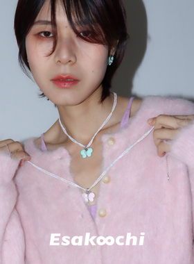 Esakoochi马卡龙嘟嘟蝶~原创彩色串珠粉色蝴蝶项链小众设计锁骨链
