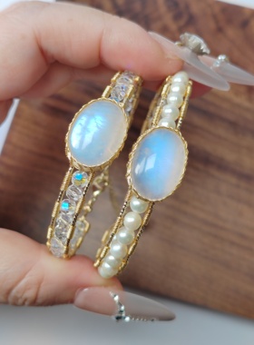 原创手工天然海蓝宝月光石手镯钛钢不掉色 简约百搭2025新款