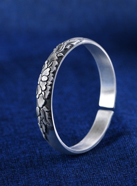 足银复古实心纯银开口手镯送妈妈