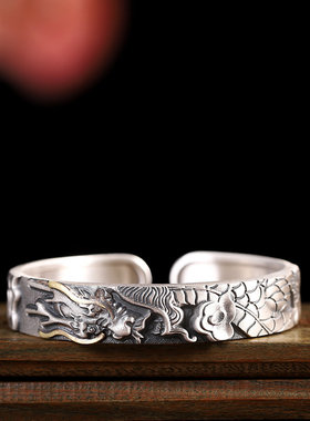S999足银复古民族风本命年生肖龙个性护身吉祥男女纯银开口手镯环