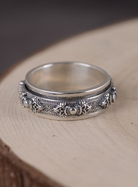 S925纯银复古民族风金刚杵可旋转动祥瑞男女士简约百搭泰银戒指环