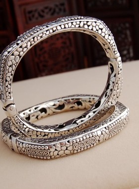 复古印尼雕花方形女士开口手镯