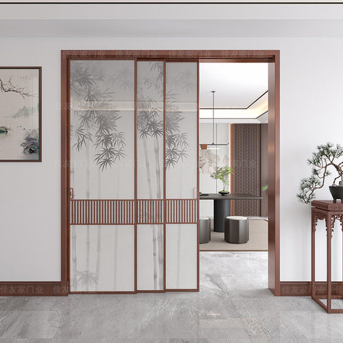 新中式厨房折叠门阳台客厅玻璃隔断门钛镁铝合金吊轨平移推拉门 - 图1