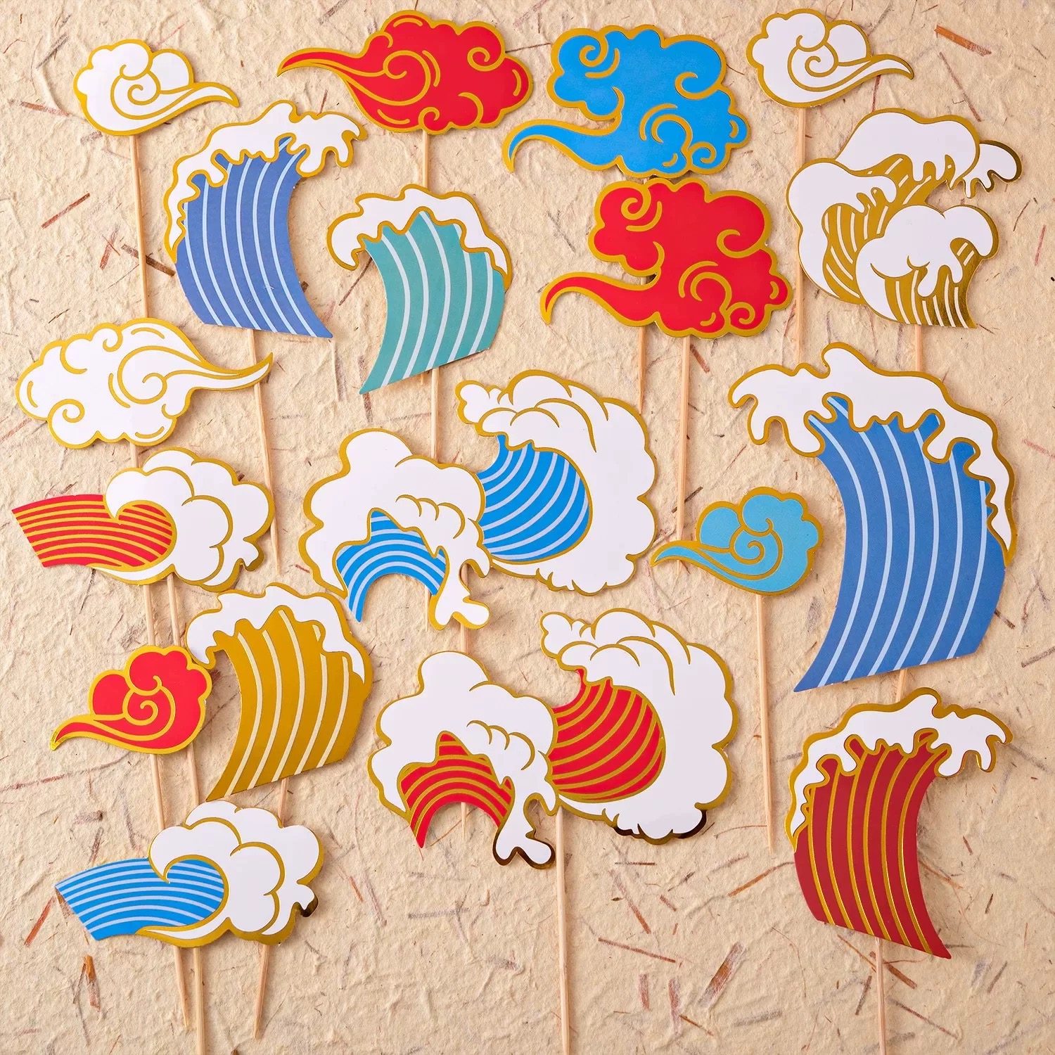 中式祥云浪花蛋糕装饰插牌国潮风云朵海浪祝寿周岁甜品台装扮插件,淘宝优惠券,粉丝福利购,淘宝优惠卷