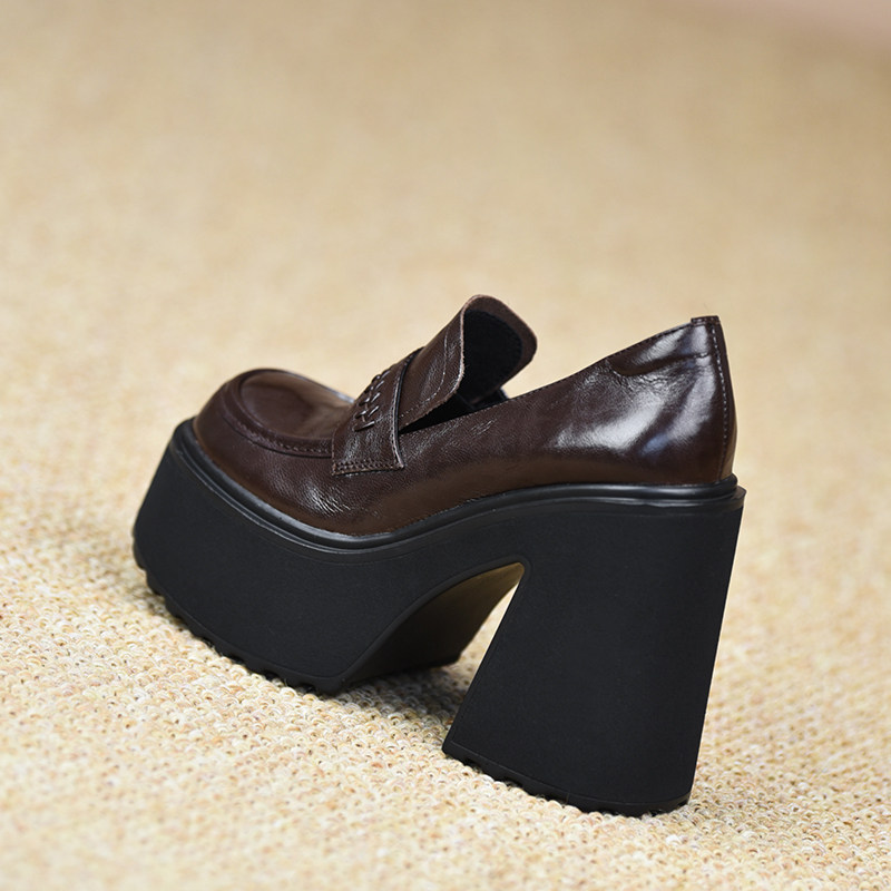 misili乐福鞋粗跟单鞋12cm小个子高跟鞋2026春季新款厚底真皮女鞋,淘宝优惠券,粉丝福利购,淘宝优惠卷