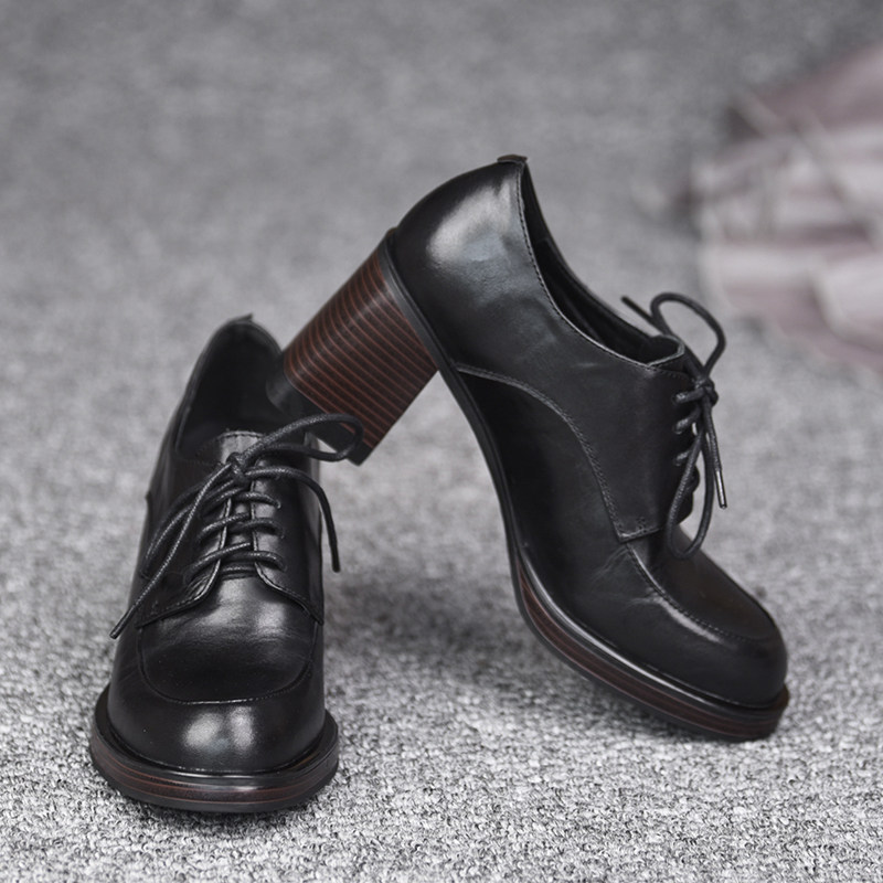 misili 真皮系带深口单鞋女粗跟黑色通勤百搭小皮鞋,淘宝优惠券,粉丝福利购,淘宝优惠卷