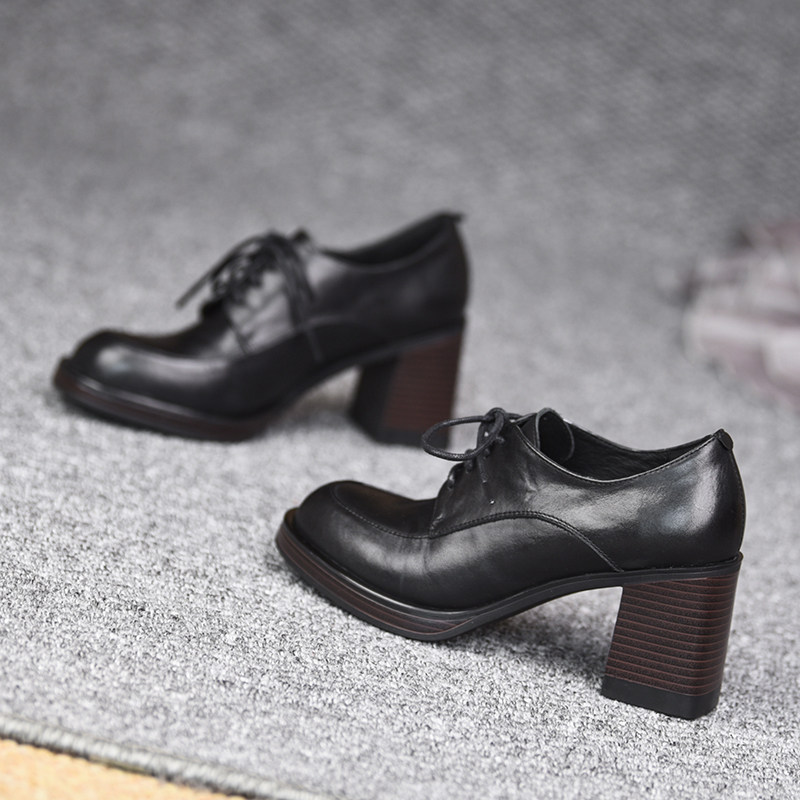 misili 真皮系带深口单鞋女粗跟黑色通勤百搭小皮鞋,淘宝优惠券,粉丝福利购,淘宝优惠卷