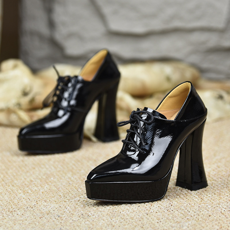 misili 欧美漆皮系带深口单鞋女高跟防水台粗跟尖头黑色高跟鞋,淘宝优惠券,粉丝福利购,淘宝优惠卷