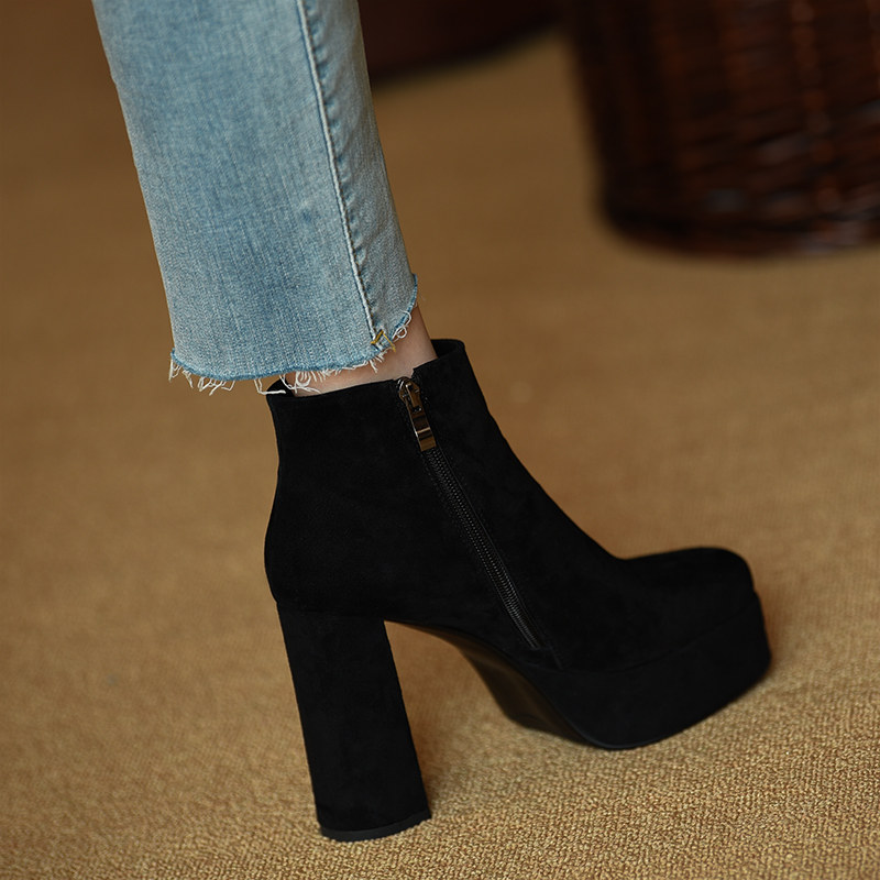 Misili 真皮粗跟短靴女2024秋冬季新款防水台高跟鞋黑色厚底女鞋,淘宝优惠券,粉丝福利购,淘宝优惠卷