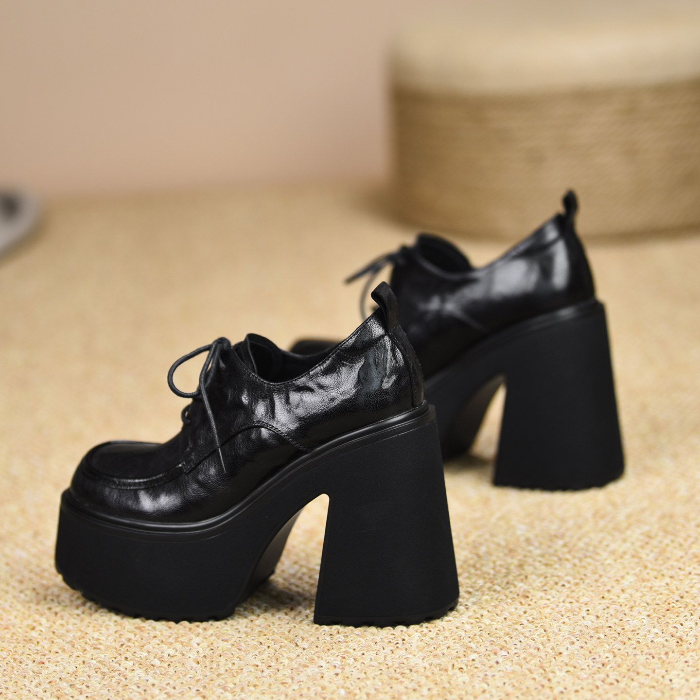 misili粗跟单鞋12cm高跟鞋2025春秋季新款系带防水台厚底真皮女鞋,淘宝优惠券,粉丝福利购,淘宝优惠卷