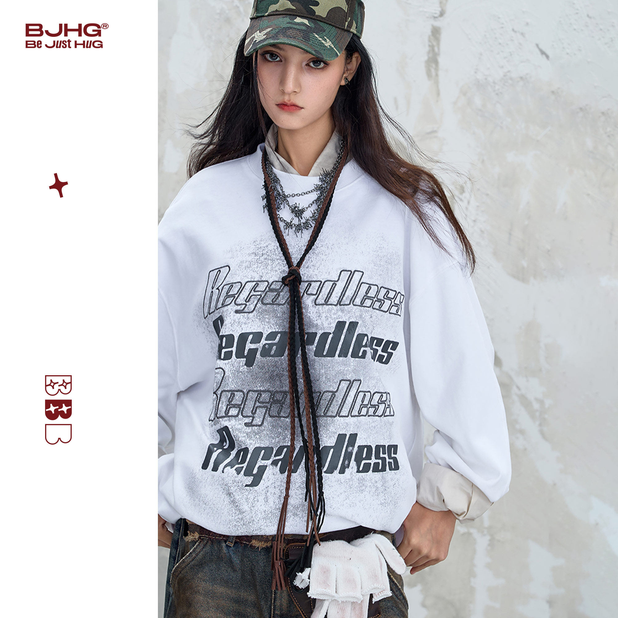 BJHG不计后果 废土风长袖T恤男秋季美式宽松情侣内搭打底衫卫衣女