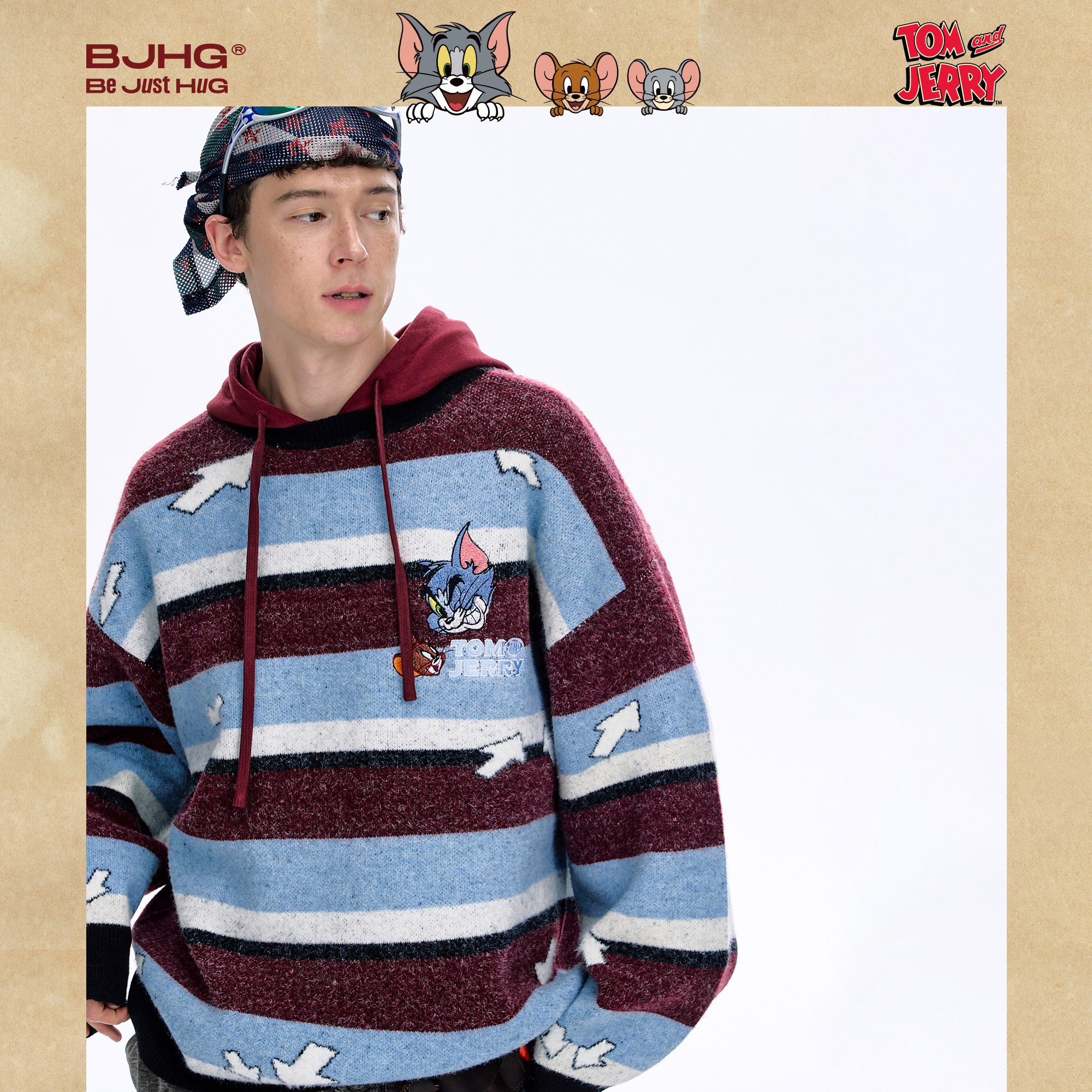 【猫和老鼠联名】BJHG不计后果条纹毛衣男秋冬季情侣装羊毛针织衫 - 图2