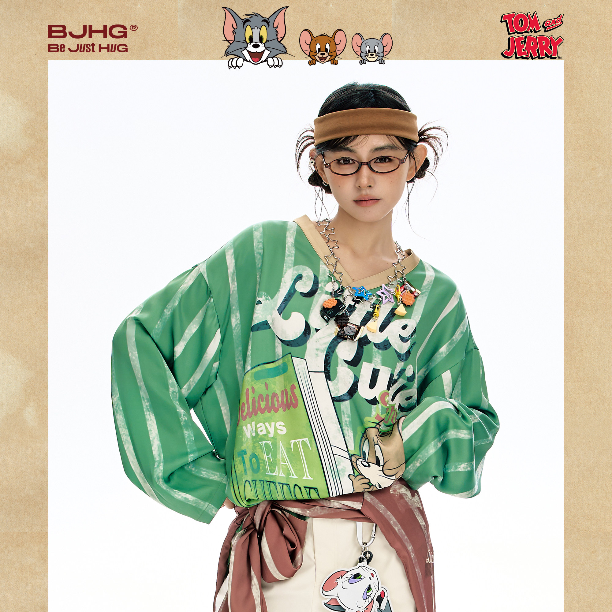 【猫和老鼠联名】BJHG不计后果V领长袖t恤女款秋季运动休闲球衣女,淘宝优惠券,粉丝福利购,淘宝优惠卷