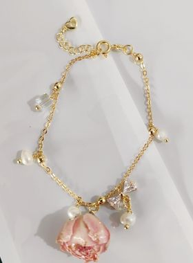 手工永生花珍珠手链真花玫瑰花手链复古甜美清新小众设计手串