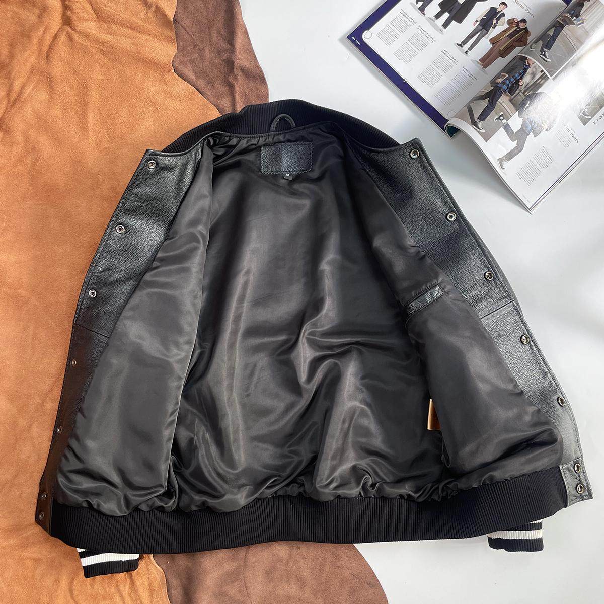 高级小牛皮皮衣男真皮棒球服休闲夹克青年纯色皮外套日系帅气上衣,淘宝优惠券,粉丝福利购,淘宝优惠卷