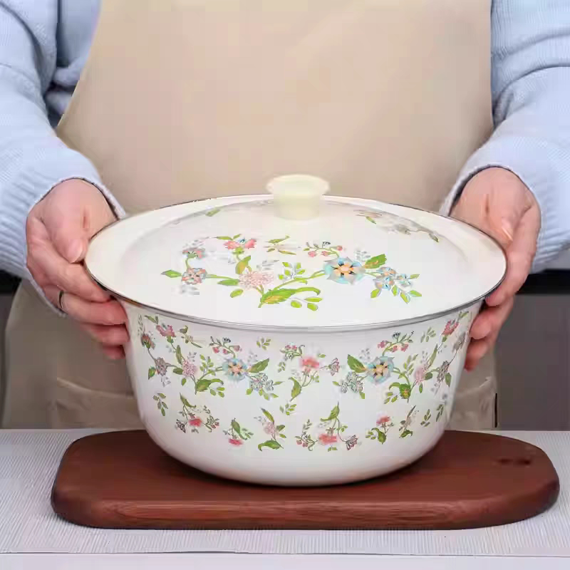 怀旧老式搪瓷盆带盖加厚猪油盆珐琅和面拌馅碗厨房储物盆食品级