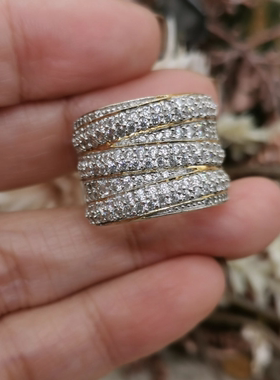 Vintage中古欧洲回流925银锆石宽版戒指大全标17号