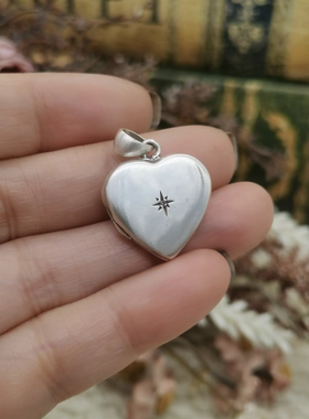 Vintage中古欧洲回流925银爱心钻石照片盒吊坠