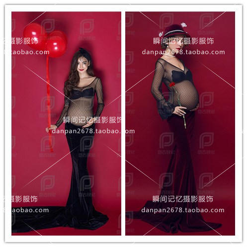2017新款影樓孕味主題服孕婦攝影寫真藝術照服裝性感黑蕾絲孕婦裝