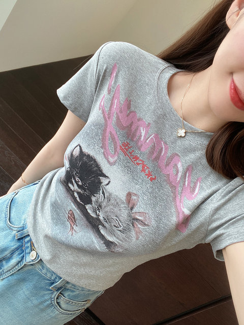 AMR UU ເດັກຍິງຮ້ອນ T-shirt, ແບບຕ່າງປະເທດຂະຫນາດໃຫຍ່, ແບບສັ້ນ, cat ງາມ, ພິມຫຼຸດຜ່ອນອາຍຸ, slimming ສັ້ນແມ່ຍິງ summer ຮູບແບບໃຫມ່