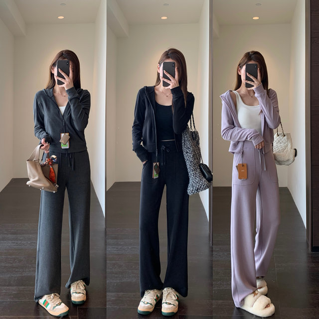 AMR UU fairy fabric fabric wool warm blend sweatshirt straight wide leg pants suit for women ດູໃບໄມ້ລົ່ນແລະລະດູຫນາວໃຫມ່