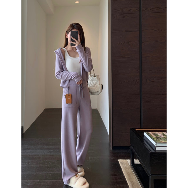 AMR UU fairy fabric fabric wool warm blend sweatshirt straight wide leg pants suit for women ດູໃບໄມ້ລົ່ນແລະລະດູຫນາວໃຫມ່
